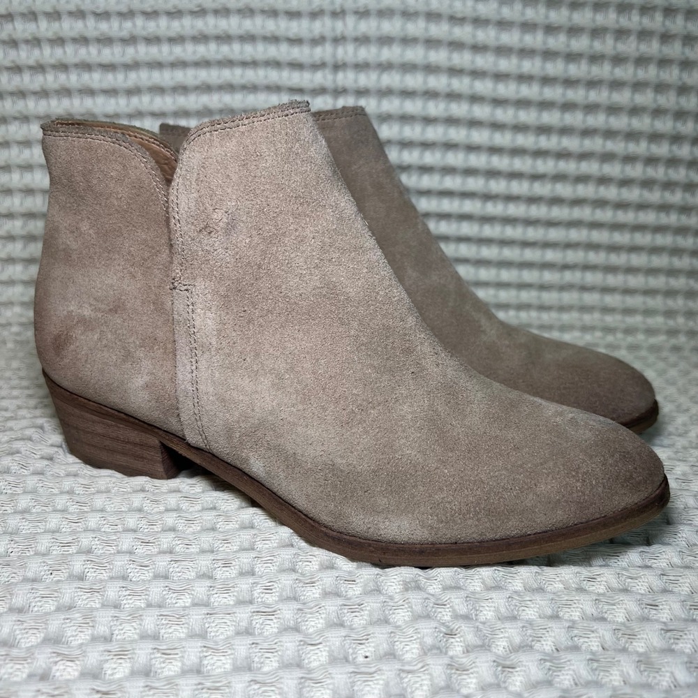 Splendid Women's Suede Ankle Boots Taupe Side Zip Block Heel Size 6.5M - Picture 1 of 7